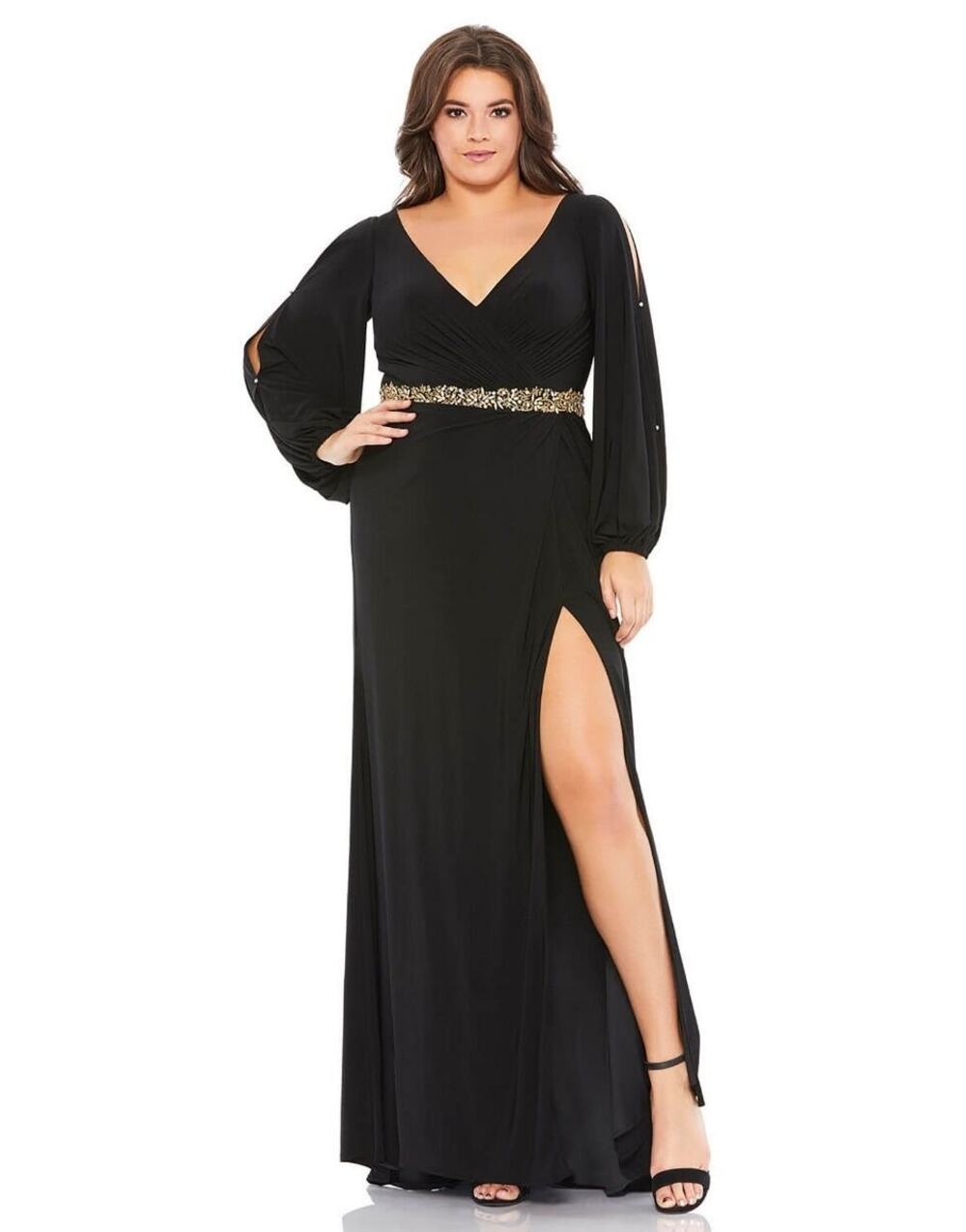 Mac Duggal Black Split Long Sleeve V-Neck Embellished Waist Formal Gown 14W